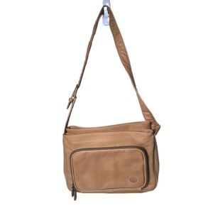 SAS Brown Leather Mail Shoulder Bag USA Made 6 Zip Pockets Crossbody 16" Drop